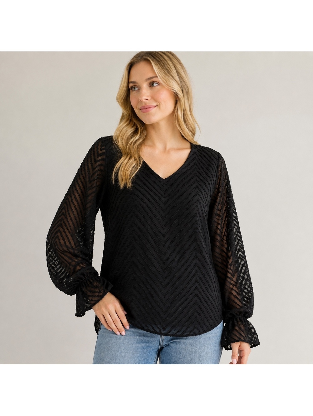 VICI Women’s Large Black Chevron Sheer Balloon Sleeve Blouse USA